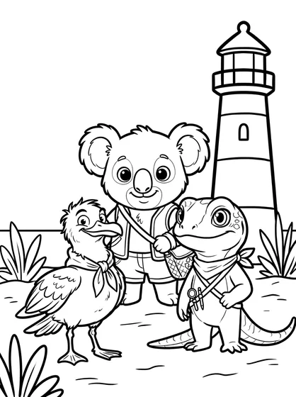 Friends at Byron Bay colouring page preview