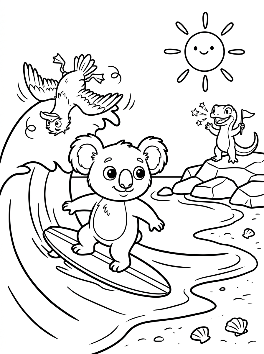 Printable coloring page of Koa surfing with Gully and Dune cheering