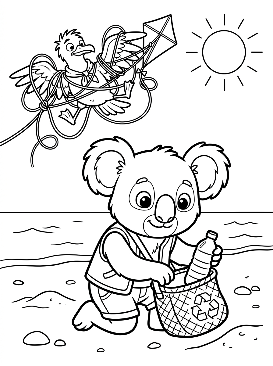 Coloring page: Koa collecting a bottle while Gully is tangled in a kite