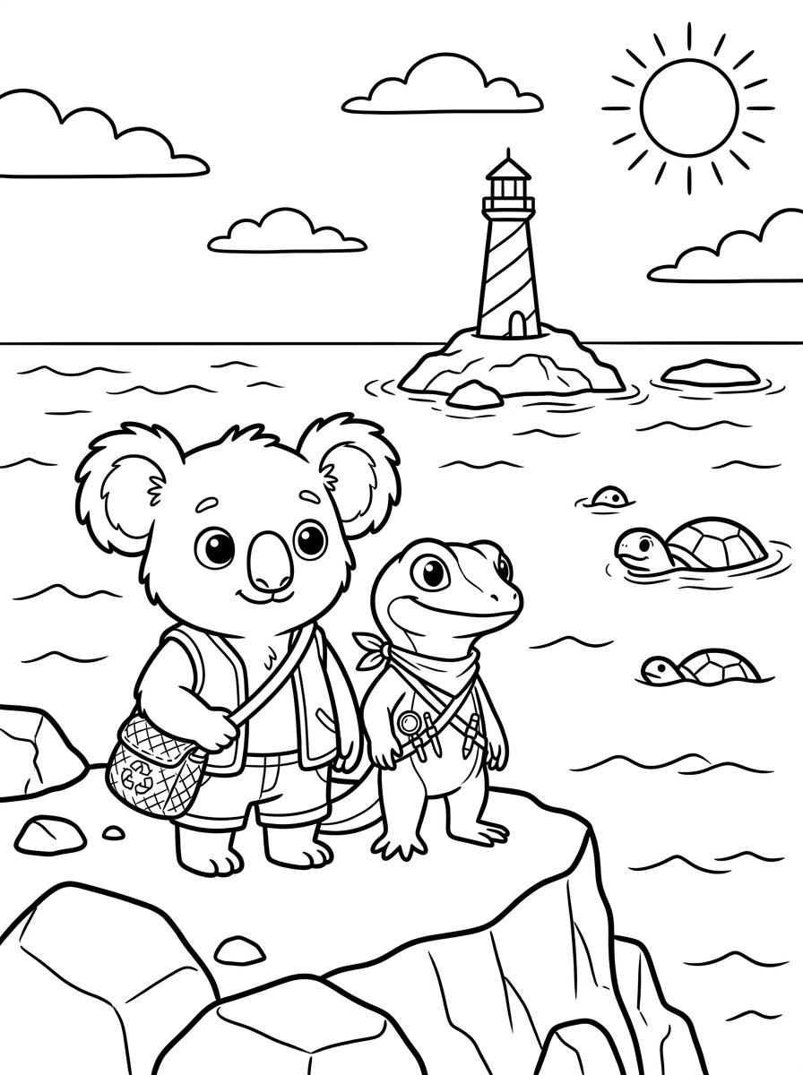 Coloring page: Koa and Dune looking out at a lighthouse and turtles